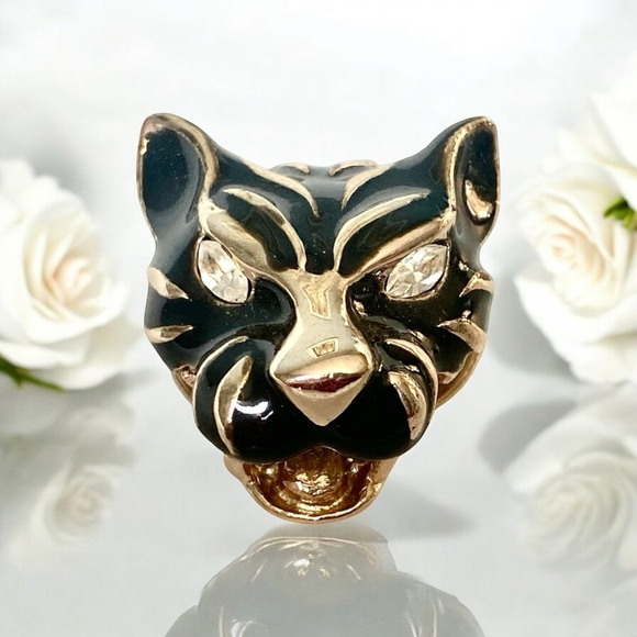 Vintage Michele Lynn Panther Cat Scarf Clip Brooch Black Gold Tiger - Picture 1 of 5